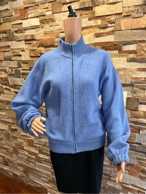 The Cashmere Project Puff Sleeve Full Zip Cardigan Sweater Blue Sky